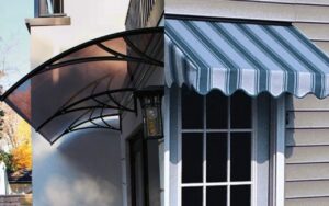 Polycarbonate and fabric awnings installed on different homes